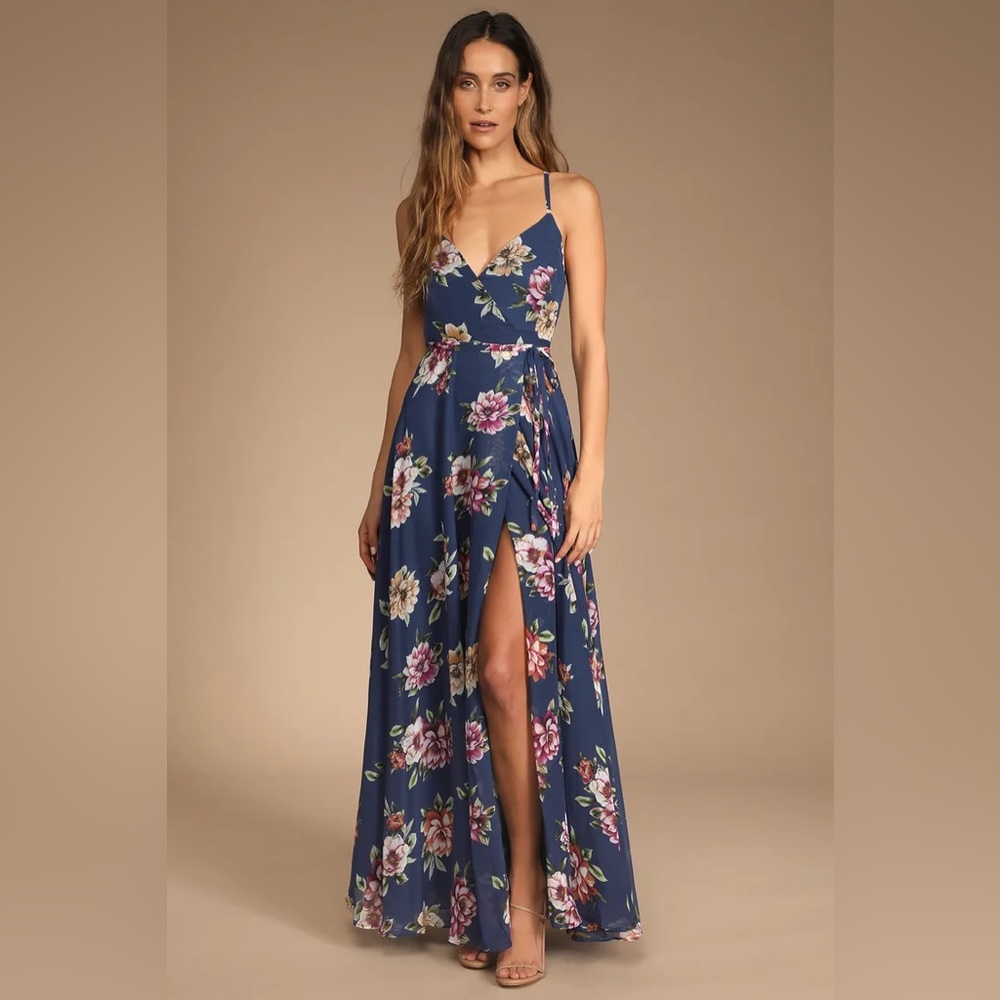 Lulu’s Navy Blue Floral Print Wrap Maxi Dress
